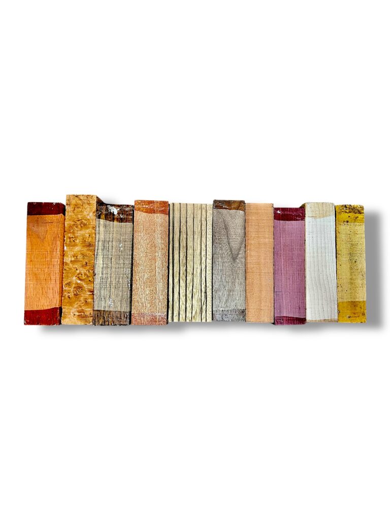 padauk, thuya burr, amazaque, mahogany, zebrano, walnut, pearwood, purpleheart, ash, satinwood